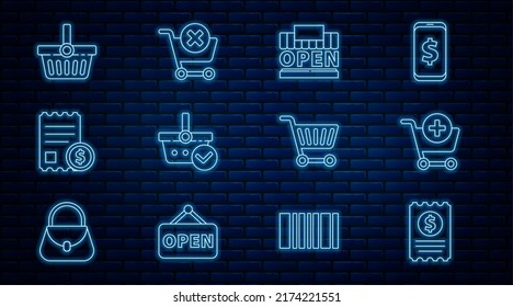 Set line Paper check and financial check, Add to Shopping cart, building open, basket with mark,  and Remove shopping icon. Vector
