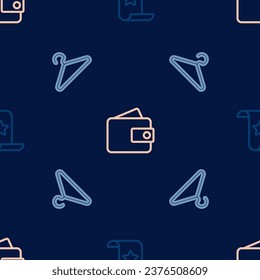 Set line Paper check and financial check, Hanger wardrobe and Wallet on seamless pattern. Vector