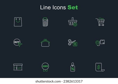 Set line Paper check and financial check, Discount percent tag, Price with New, Market store, Location cardboard box, Scissors cuts discount coupon, Wallet and Buy button icon. Vector
