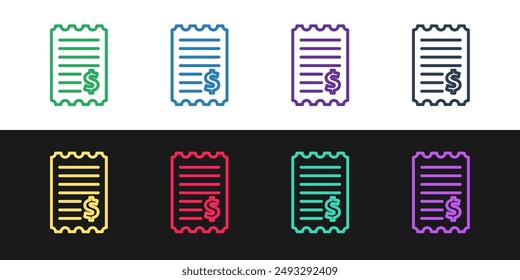 Set line Paper check and financial check icon isolated on black and white background. Paper print check, shop receipt or bill.  Vector Illustration