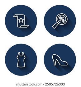 Set line Paper check and financial check, Magnifying glass with percent, Woman dress and shoe with long shadow. Blue circle button. Vector