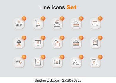 Set line Paper check and financial check, Woman shoe, Shopping cart on screen laptop, shopping bag, Buy button, Clipboard with checklist, Hanging sign text Closed and  icon. Vector