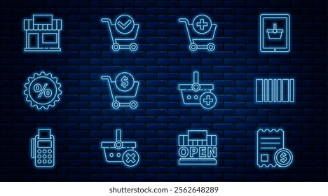 Set line Paper check and financial check, Barcode, Add to Shopping cart, dollar, Discount percent tag, building or market store, basket and with icon. Vector