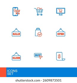 Set line Paper check and financial check, Buy button, Hanging sign with text Closed, Open, Sale, shopping bag, Shopping cart monitor and food icon. Vector