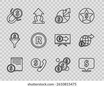 Set line Paper check and financial check, Speech bubble with dollar, Money diagram graph, Telephone handset speech chat, Magnet money, Registered Trademark, Coin and Earth globe icon. Vector - Powered by Shutterstock - Get 15% off with code: PIKWIZARD15