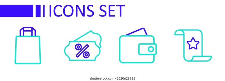 Set line Paper check and financial check, Wallet, Discount percent tag and shopping bag icon. Vector