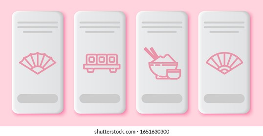 Set line Paper chinese or japanese folding fan, Sushi on cutting board, Rice in a bowl with chopstick and Paper chinese or japanese folding fan. White rectangle button. Vector