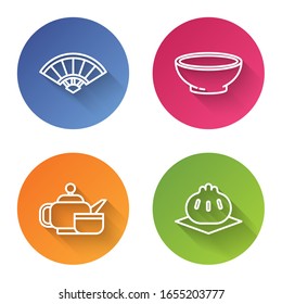 Set line Paper chinese or japanese folding fan, Bowl of hot soup, Japanese tea ceremony and Khinkali on cutting board. Color circle button. Vector
