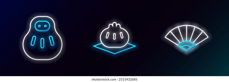 Set line Paper chinese or japanese folding fan, Maneki neko cat and Khinkali on cutting board icon. Glowing neon. Vector
