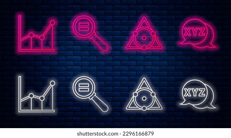 Set line Paper clip, Chalkboard, Sigma symbol and Calculator. Glowing neon icon on brick wall. Vector