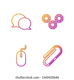 Set line Paper clip, Computer mouse, Speech bubble chat and Gear. Gradient color icons. Vector