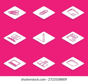 Establecer línea Clip de papel, carpeta de Borrar, computadora con teclado y marca x, línea de pluma, documento de archivo, computadora portátil y icono de carpeta. Vector