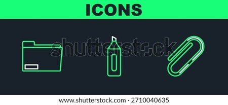 Set line Paper clip, Document folder and Marker pen icon. Vector