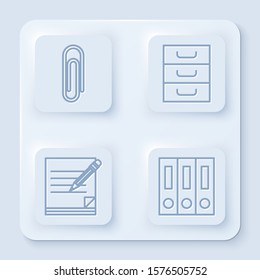 Set line Paper clip, Drawer with documents, Blank notebook and pencil with eraser and Office folders with papers and documents. White square button. Vector