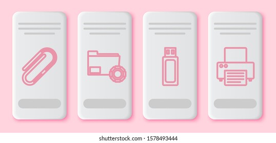 Set line Paper clip, Folder settings with gears, USB flash drive and Printer. White rectangle button. Vector