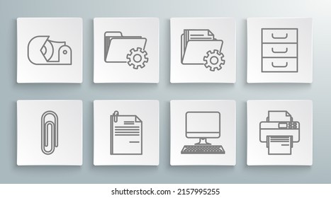 Set line Paper clip, Folder settings with gears, File document and paper, Computer monitor keyboard, Printer, Drawer documents and Scotch icon. Vector