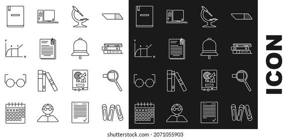 Set line Paper clip, Magnifying glass, Office folders with papers and documents, Microscope, File, Pie chart infographic, Notebook and Ringing bell icon. Vector