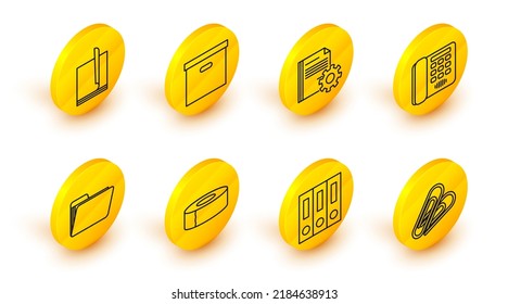 Set line Paper clip, Office folders with papers and documents, Scotch, Document, Telephone, settings gears, Carton cardboard box and File icon. Vector