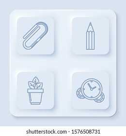 Set line Paper clip, Pencil, Flowers in pot and Time Management. White square button. Vector