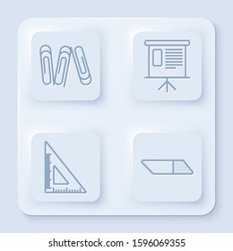 Set line Paper clip, Presentation financial board with graph, schedule, chart, diagram, infographic, pie graph, Triangular ruler and Eraser or rubber. White square button. Vector