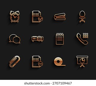 Set line Paper clip, Presentation financial board graph, schedule, chart, diagram, infographic, pie graph, Presentation, movie, film, media projector, Telephone handset and Notebook icon. Vector