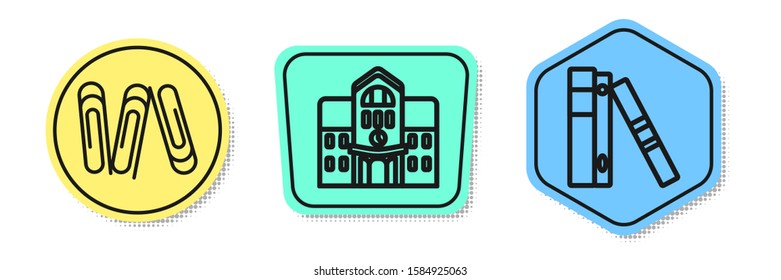 Set line Paper clip, School building and Office folders with papers and documents. Colored shapes. Vector