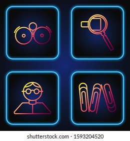 Set line Paper clip, Student, Ringing alarm bell and Magnifying glass. Gradient color icons. Vector
