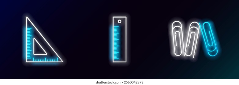 Set line Paper clip, Triangular ruler and Ruler icon. Glowing neon. Vector