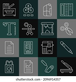 Set line Paper cutter, Pencil with eraser, Scissors, Printer ink bottle, roll of printing press, Text, Copy machine and 3D printer icon. Vector