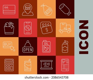 Set line Paper or financial check, Sauce bottle, Hand truck and boxes, Healthy organic pear, Percent discount mobile, Shopping bag food, Credit card and New price tag dollar icon. Vector