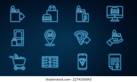 Set line Paper or financial check, Online ordering and delivery, Round the clock, pizza and burger icon. Vector