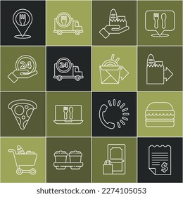 Set line Paper or financial check, Burger, Online ordering and delivery, Fast by car, Clock 24 hours, Cafe restaurant location and noodles icon. Vector