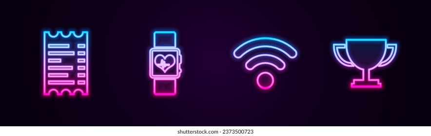 Set line Paper or financial check, Smart watch heart beat rate, Wi-Fi wireless network and Trophy cup. Glowing neon icon. Vector