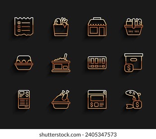 Set line Paper or financial check, Roasted turkey chicken, Shopping list, Online ordering and delivery, Price tag for fish, Tin can with caviar, Carton cardboard box price and Barcode icon. Vector