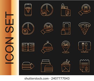 Set line Paper or financial check, Cafe and restaurant location, Slice of pizza, Online ordering delivery, Clock 24 hours, Round the clock, Food and  icon. Vector