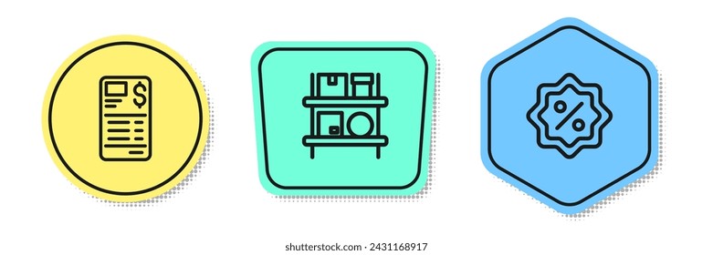 Set line Paper or financial check, Warehouse interior with boxes and Discount percent tag. Colored shapes. Vector