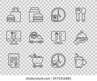 Set line Paper or financial check, Coffee cup to go, Round the clock delivery, Shopping cart and food, Online ordering burger, Fast by, Clock 24 hours and Covered with tray icon. Vector