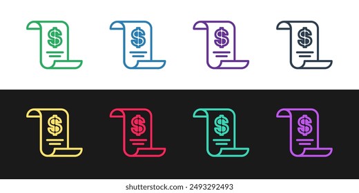 Set line Paper or financial check icon isolated on black and white background. Paper print check, shop receipt or bill.  Vector