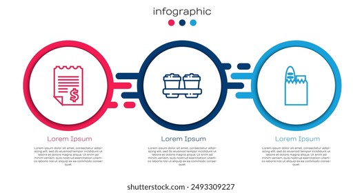 Set line Paper or financial check, Coffee cup to go and Shopping bag and food. Business infographic template. Vector