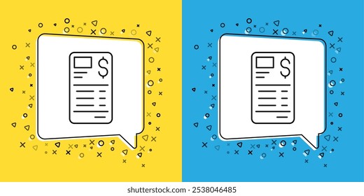 Set line Paper or financial check icon isolated on yellow and blue background. Paper print check, shop receipt or bill.  Vector