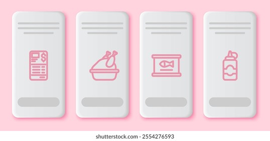 Set line Paper or financial check, Roasted turkey chicken, Canned fish and Sauce bottle. White rectangle button. Vector