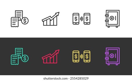 Set line Paper or financial check, Financial growth increase, Money payment transfer and Safe on black and white. Vector