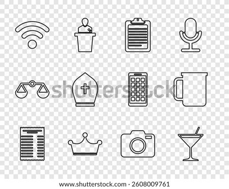 Set line Paper or financial check, Martini glass, Clipboard with document, Crown, Wi-Fi wireless network, Pope hat, Photo camera and Coffee cup icon. Vector