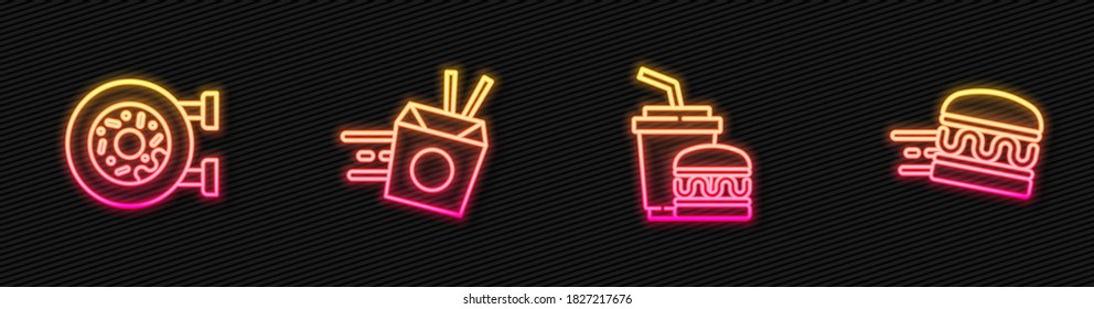 Set line Paper glass and burger, Donut, Online ordering noodles delivery and . Glowing neon icon. Vector