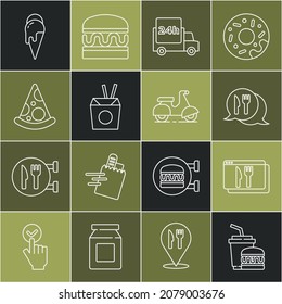 Set line Paper glass and burger, Online ordering delivery, Cafe restaurant location, Fast by car, Asian noodles chopsticks, Slice of pizza, Ice cream and Scooter icon. Vector