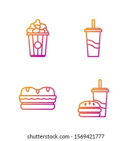 Set line Paper glass with drinking straw and burger, Sandwich, Popcorn in cardboard box and Paper glass with drinking straw and water. Gradient color icons. Vector