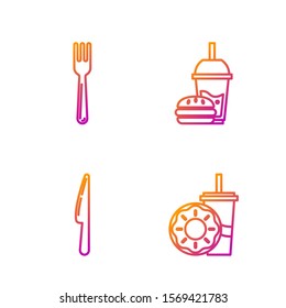 Set line Paper glass with drinking straw and donut, Knife, Fork and Paper glass with drinking straw and burger. Gradient color icons. Vector