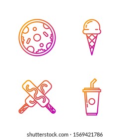 Set line Paper glass with drinking straw and water, Ice cream, Pizza and Ice cream in waffle cone. Gradient color icons. Vector