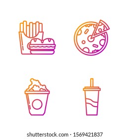 Set line Paper glass with drinking straw and water, Popcorn in cardboard box, Burger and french fries in carton package box and Pizza. Gradient color icons. Vector