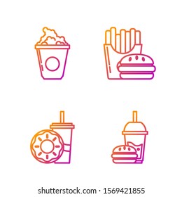 Set line Paper glass with drinking straw and burger, Paper glass with drinking straw and donut, Popcorn in cardboard box and Burger and french fries in carton package box. Gradient color icons. Vector